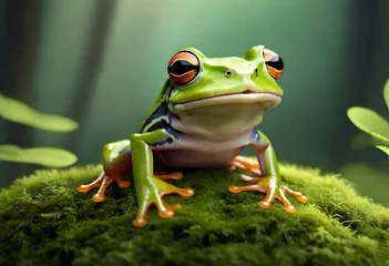 Tuinposter Gliding frog look like laughing on moss, Flying frog laughing, animal closeup, Gliding frog (Rhacophorus reinwardtii) sitting on moss, Indonesian tree frog.AI generated © Muhammad
