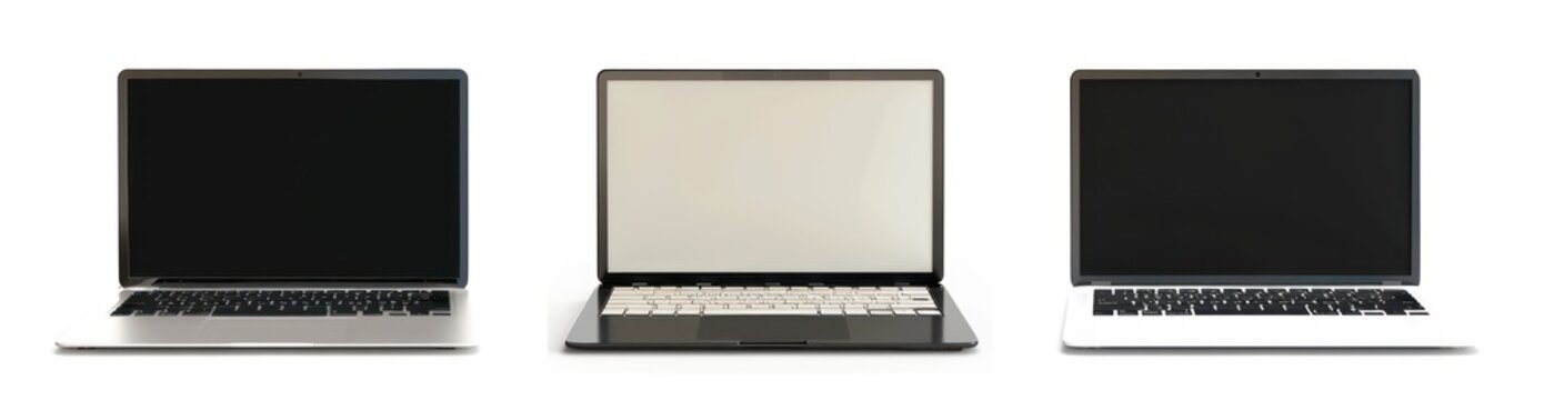 three laptops with blank screen on hd vector template, in the style of graphic black and white