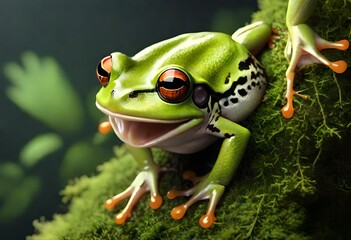 Gliding frog look like laughing on moss, Flying frog laughing, animal closeup, Gliding frog (Rhacophorus reinwardtii) sitting on moss, Indonesian tree frog.AI generated