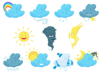 Cute weather icon set. Emotional weather forecast. Cute sun and happy clouds