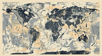 vintage map of the world, in the style of surreal cyberpunk iconography, flattened perspective, gray and beige