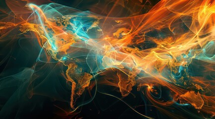 world map with many different connections is illuminated, in the style of dark cyan and light crimson