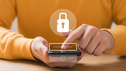 Cyber ​​security and data protection, businessman using smartphone internet network security,...