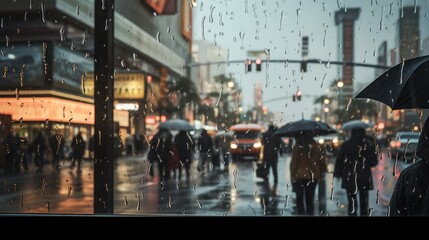 Busy city street view with heavy rain.