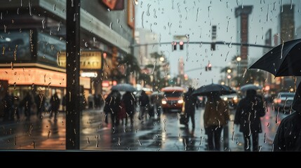 Obraz premium Busy city street view with heavy rain.