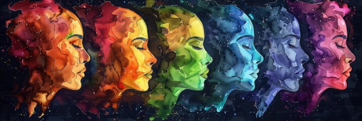 Colorful illustration of a group of women. International Women's Day concept. Watercolor of diversity, enquity, inclusion, belonging