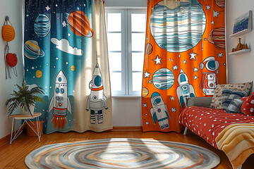 Design children's room curtains in the style of astronauts and a cosmic comic style theme