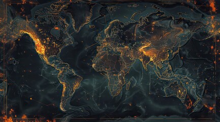 world map of network coverage and location, in the style of dark aquamarine and orange - obrazy, fototapety, plakaty