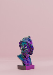 Wielokolorowa abstrakcyjna głowa posągu popiersie na różowym tle w studio - obrazy, fototapety, plakaty