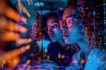 professional women in business meeting digital coding, in the style of futuristic imagery