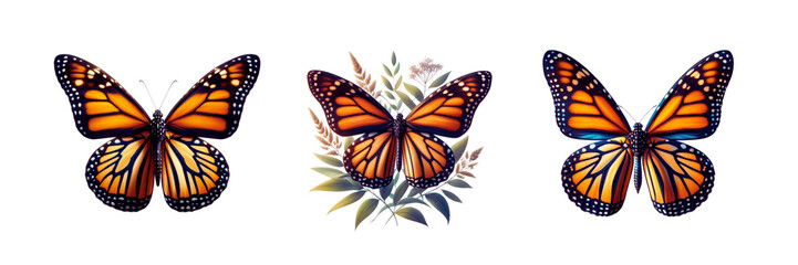Set of beautiful Monarch Butterfly cut out, illustration, isolated over on transparent white background