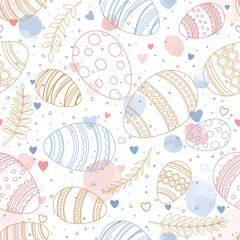 Easter eggs and twigs on a white background with colored spots. Easter theme. Easter pattern of eggs, twigs, colored specks and hearts. Vector seamless pattern.