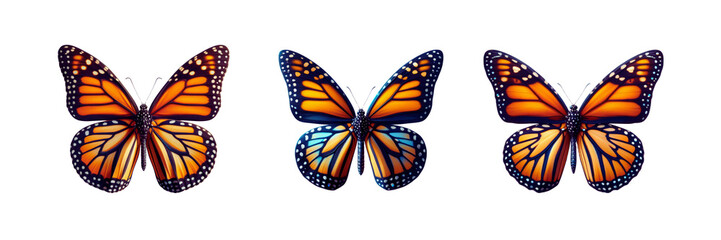 Set of beautiful Monarch Butterfly cut out, illustration, isolated over on transparent white background