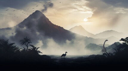 Dinosaur stands in foggy land with smoking volcano in prehistoric environment. Photorealistic.
