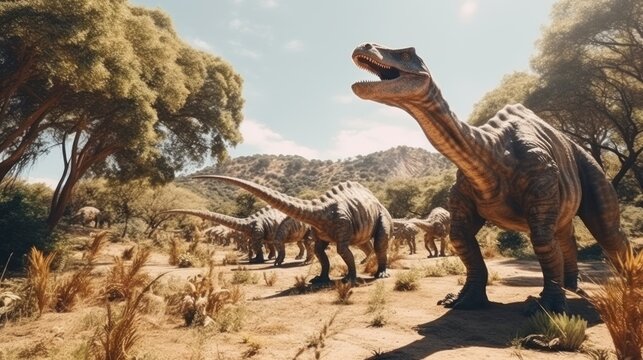 Dinosaur stands in prehistoric environment. Photorealistic.
