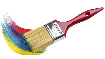 Paint brush with colorful paint strokes isolated on transparent background. Top view