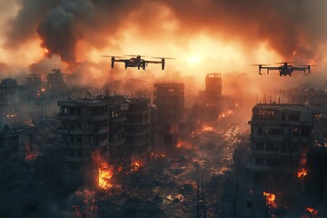 Combat drones fly over a war zone
