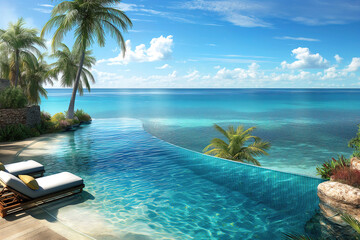 Luxury villa with a swimming pool in a tropical country, on a beautiful sunny day, picturesque scenic