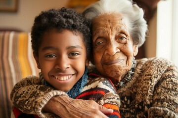 Smiling loving grandson hugs his happy grandmother