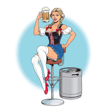 Oktoberfest girl wearing a traditional Bavarian dirndl costume, sitting on the bar chair and holding a beer mug. Young attractive blonde german woman. Pin up style vector illustration.