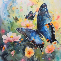Butterflies and blooms in watercolor a dance of nature