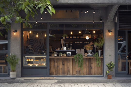 Local cafe exterior. Small business. Summer coffee shop without people. AI generated