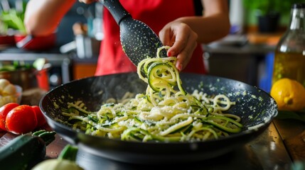 A young girl making zucchini noodles in a bright kitchen, emphasizing healthy eating and cooking with kids.