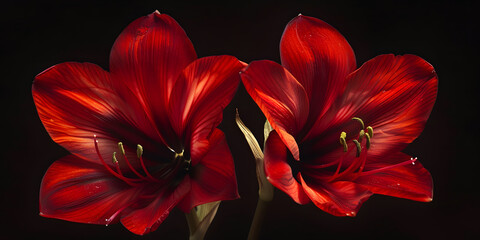 Close-Up of Two Red Amaryllis Flowers in Light Black and Maroon Style - obrazy, fototapety, plakaty
