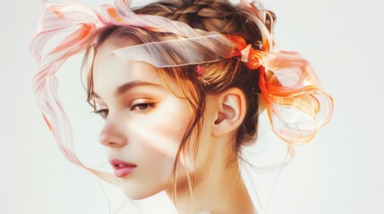 Close-up of a young woman with a light pink ribbon, soft makeup, and a serene look. Fits beauty and skincare advertisements.