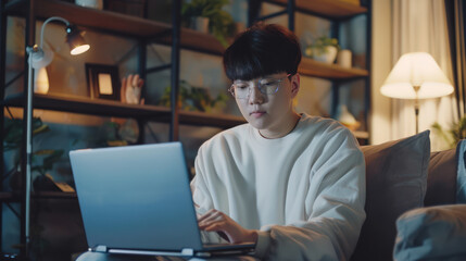 Asian young male content creator using a laptop working in the living room
