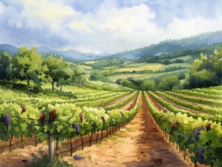 Fototapeta na wymiar Vineyard vistas in watercolor the lands lush bounty