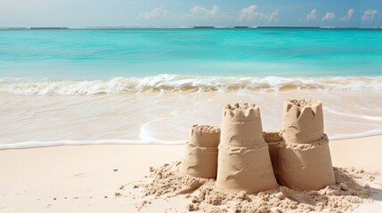 Fototapeta na wymiar Majestic sandcastle surrounded by tropical blue waters, symbolizing travel and leisure.