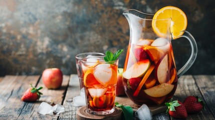 Sangria pitcher surrounded by fruits in a garden setting, suitable for social gatherings and recipes.