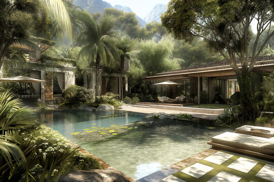 Luxury villa with a swimming pool in a tropical country, on a beautiful sunny day, picturesque scenic