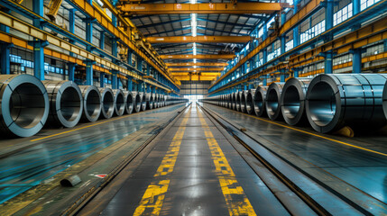 rows of steel coils in a warehouse - obrazy, fototapety, plakaty