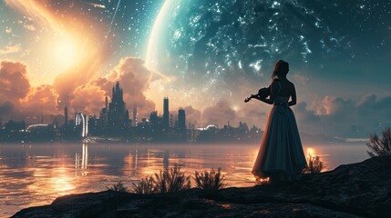 A graceful lady playing violin stand with a giant planet in space and futuristic city with modern skyscraper buildings.