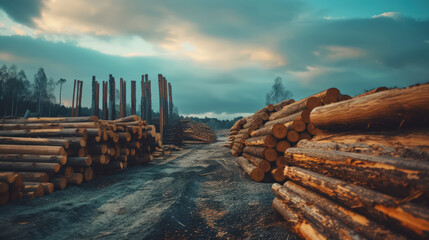 Stacks of freshly cut logs display the raw materials of the timber industry