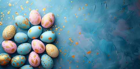 Colorful easter eggs on blue background wallpapers for smartphones, in the style of light turquoise and dark gold, polka dots, shaped canvas, dark azure, contemporary diy.