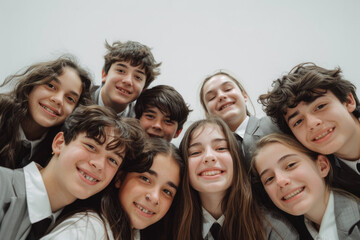 Obraz premium Group of Smiling School Classmates in Uniform Gathered Together