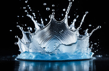 Realistic clean water splash with drops. Splash of falling water on a black background. Horisontal format.