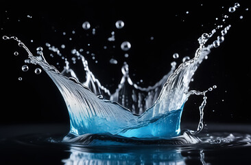 Realistic clean water splash with drops. Splash of falling water on a black background. Horisontal format.