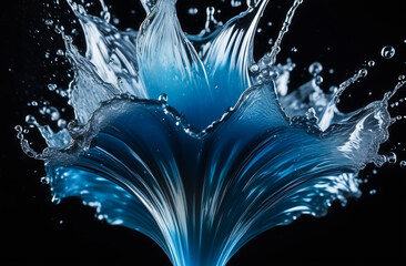 Realistic clean water splash with drops. Splash of falling water on a black background. Horisontal format.