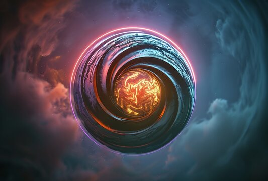 an alien planet with a globe shaped doorway, in the style of spiral group, hyper-realistic sci-fi, tilt shift, transportcore, rim light, futuristic spacecraft design, panorama