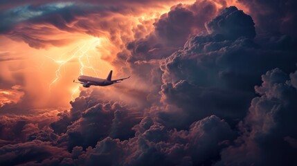 Airplane in flight in thunder storm cloud with lightning bolt. - obrazy, fototapety, plakaty