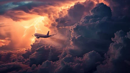 Plexiglas foto achterwand Airplane in flight in thunder storm cloud with lightning bolt. © Joyce