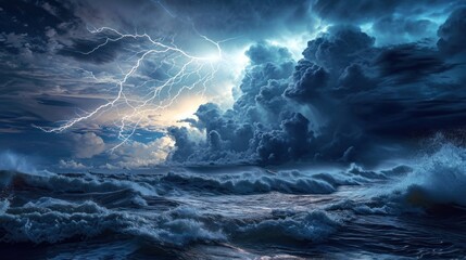 Thunder storm over sea with lightning bolt strike and cloud. - obrazy, fototapety, plakaty