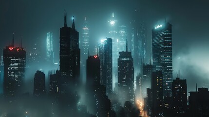 Cold winter with heavy snow of a futuristic city with modern skyscraper buildings.