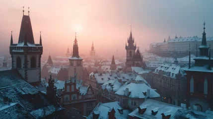 Zelfklevend Fotobehang Beautiful historical buildings in winter with snow and fog in Prague city in Czech Republic in Europe. © Joyce