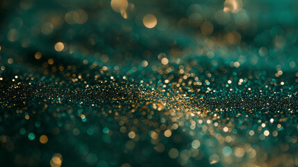 Mesmerizing blurred effect created by gold and emerald green glitter particles. - obrazy, fototapety, plakaty