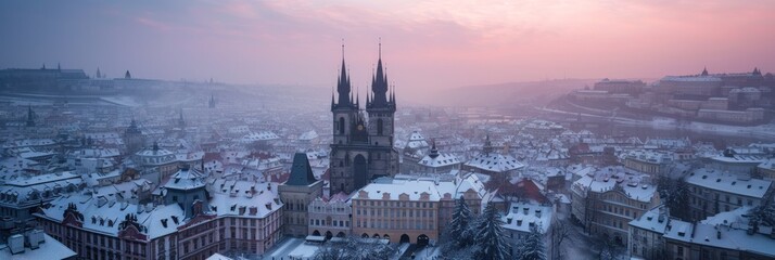 Beautiful historical buildings in winter with snow and fog in Prague city in Czech Republic in Europe.